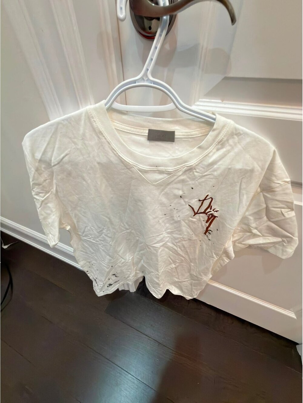 Dior White Cotton T-Shirt with Embroidered Logo and Paint S플